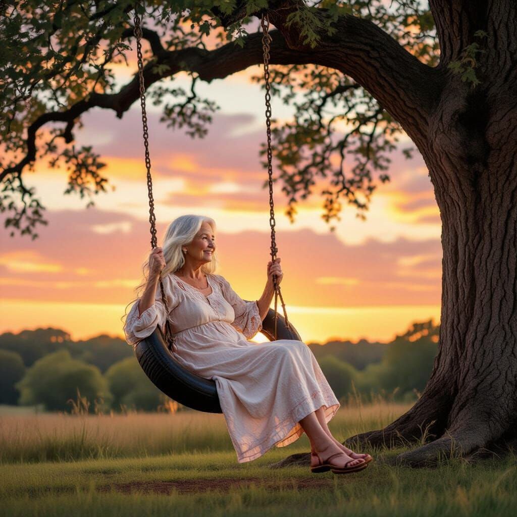 Elderly Woman on Tire Swing at Sunset, Impressionistic Style