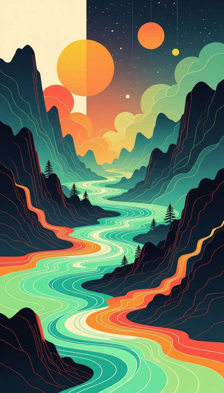 Surreal Abstract Landscape with Neon Rivers
