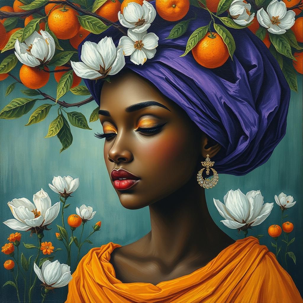 Abstract Art of Woman Washing Clothes Under Orange Tree