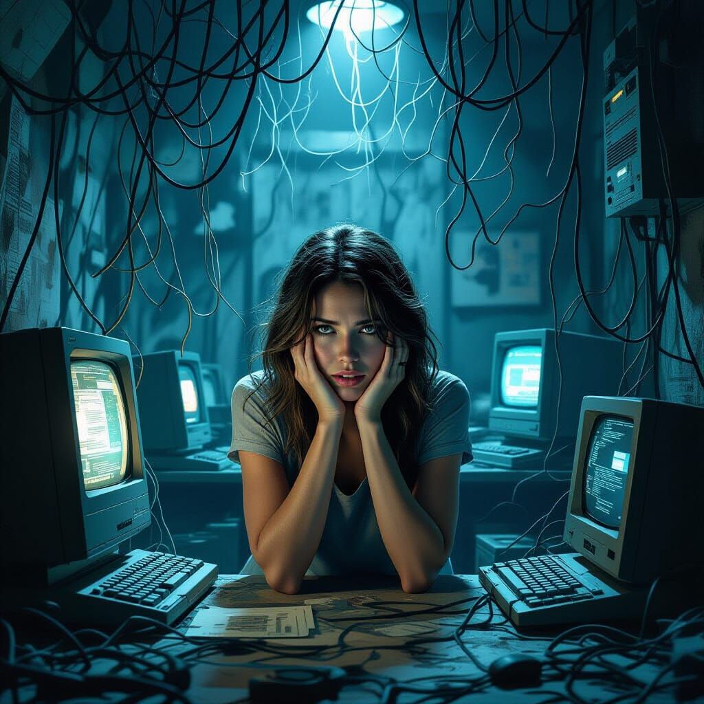 Distressed Woman in Dystopian Retro-Futuristic Room