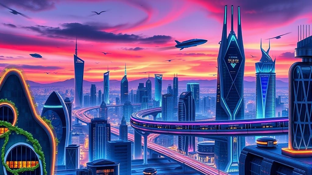 Futuristic Cityscape at Dusk with Neon and Steel