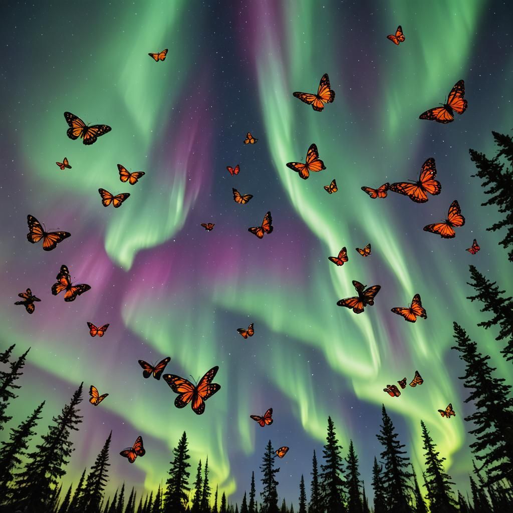 Aurora Butterflies Glide Under Northern Lights