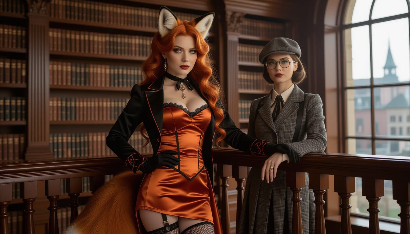 Kitsune in Steampunk Attire on Library Balcony
