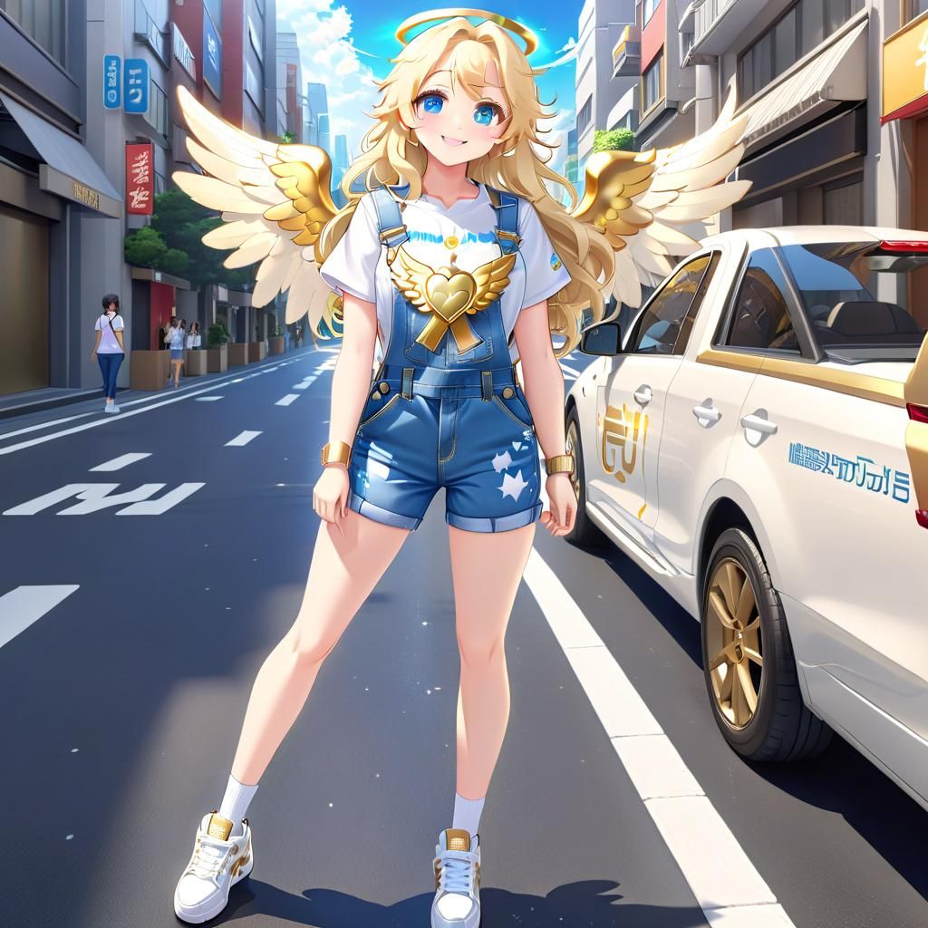 Anime Chibi Angel in Gold Denim Overalls