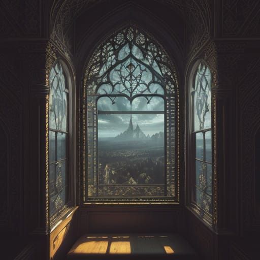 Whimsical Ornate Window in Moody, High-Contrast Style