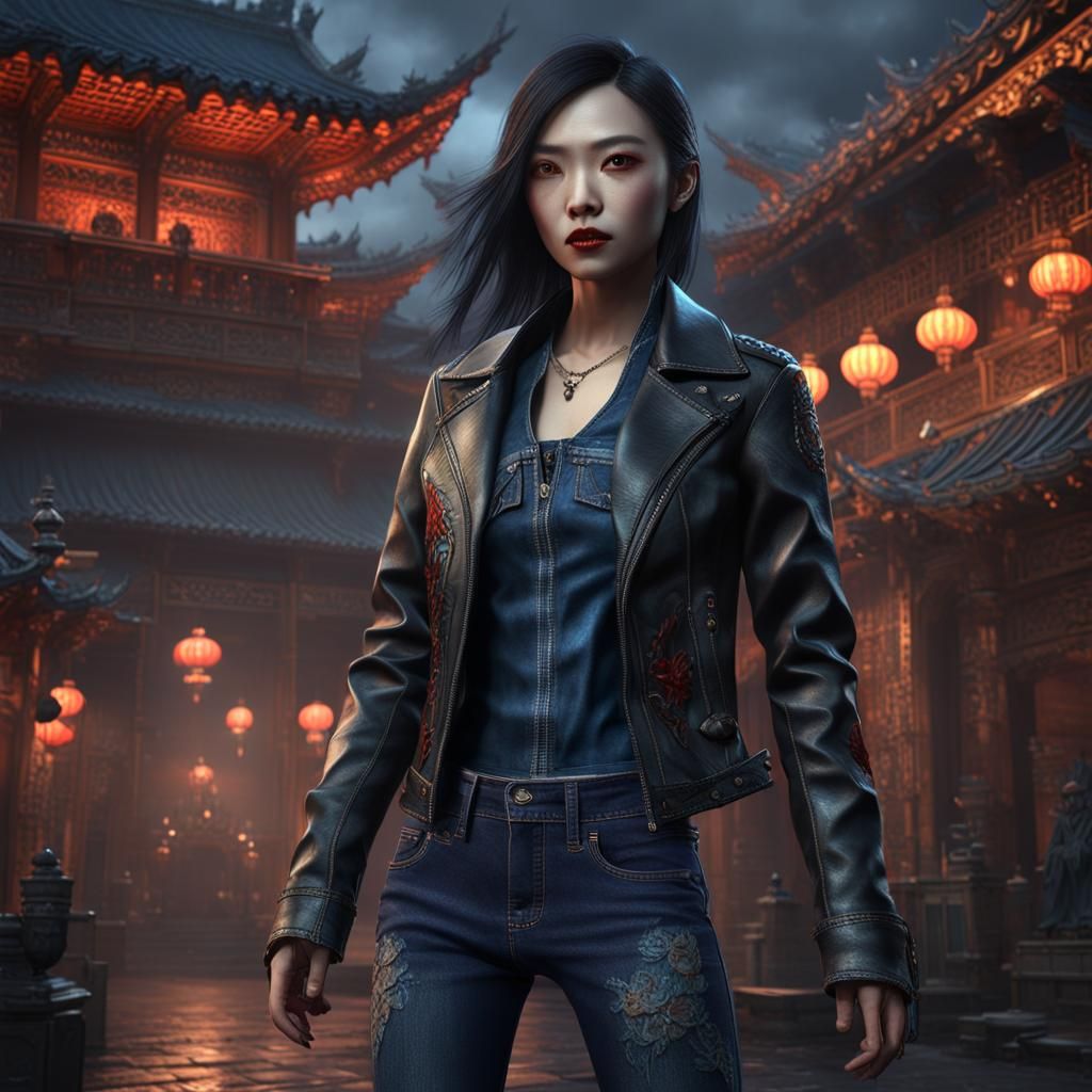 Chinese Vampire in Leather Jacket, Matte Painting Style