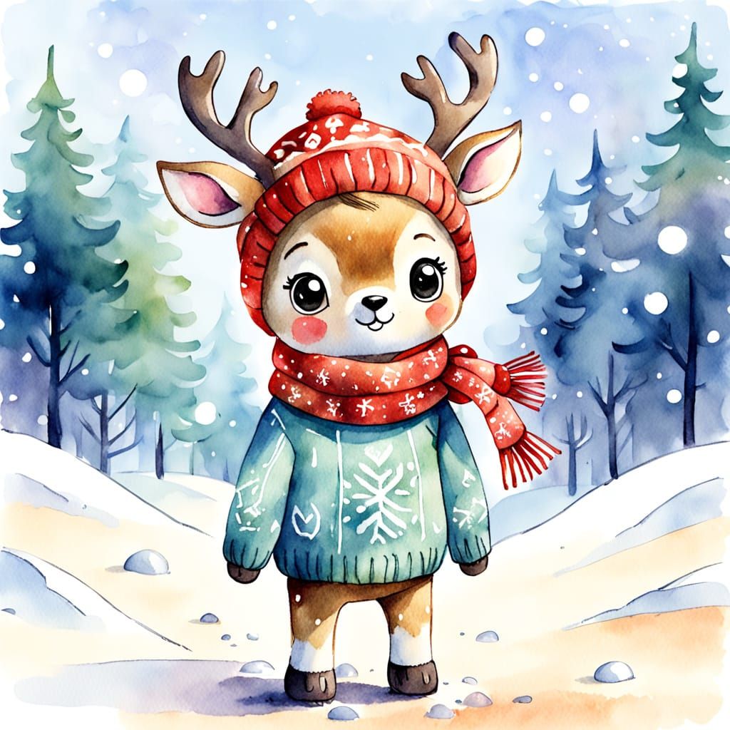 Cute Toy Deer Cub in Knitted Sweater - Watercolor Sketch