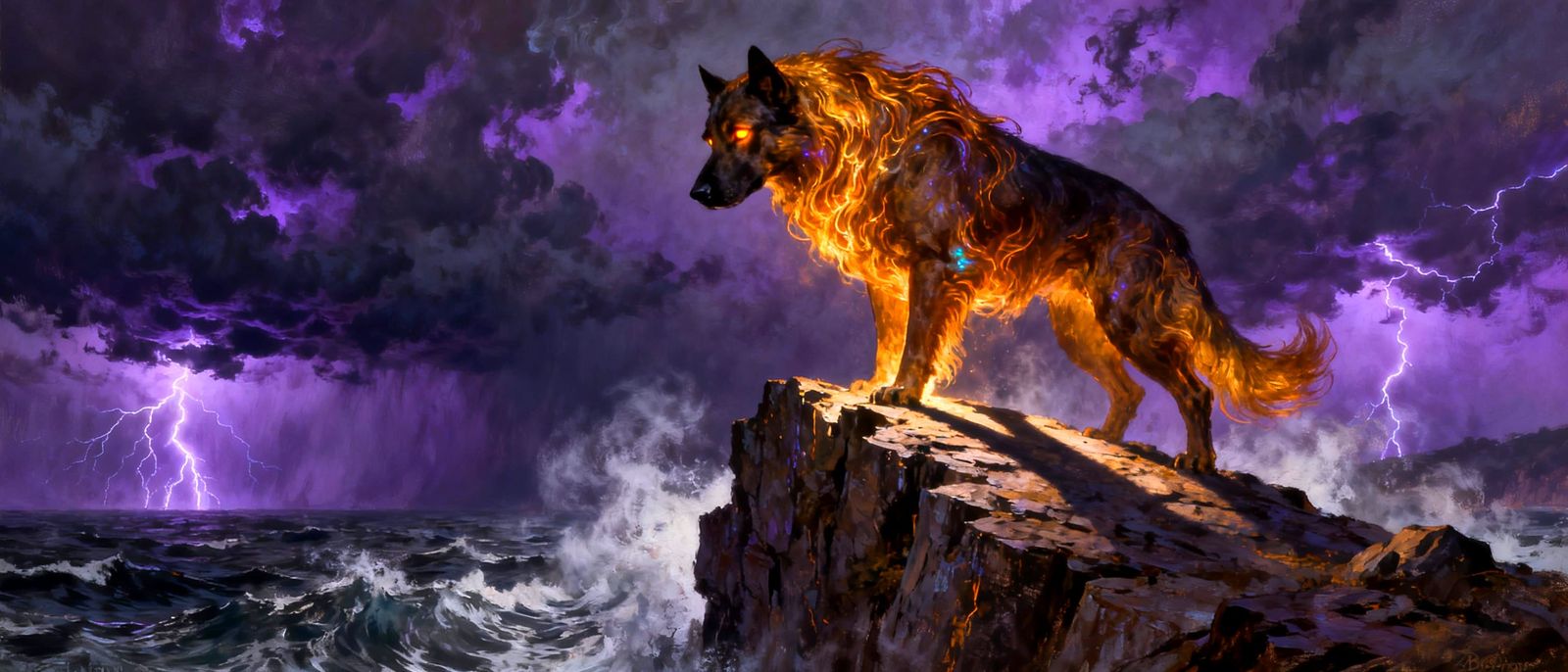 Ancient Golden Dog Guards Stormy Sea in Dark Fantasy Style
