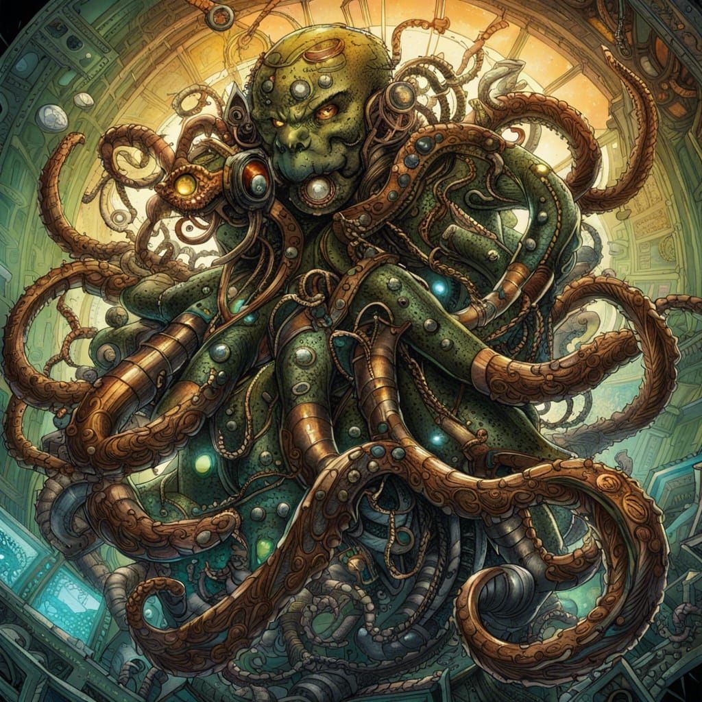 Doctor Octopus Comic book character from Spider-Man Steampunk with Tentacles, Insanely-detailed beautiful complex detail...