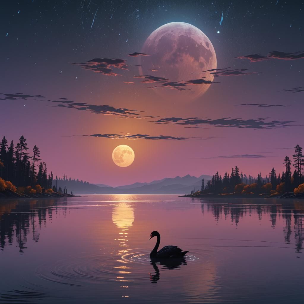 Black Swan Glides on Moonlit Lake as Matte Painting