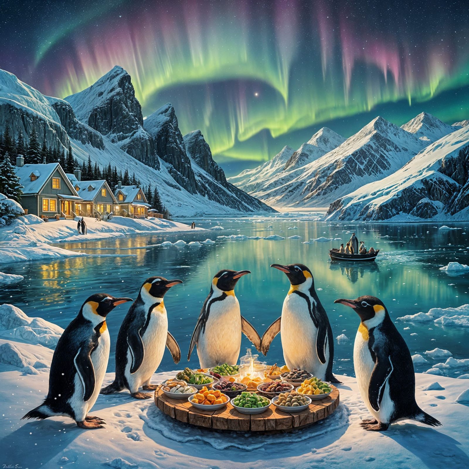 Penguins Host Arctic Feast Under Aurora Borealis