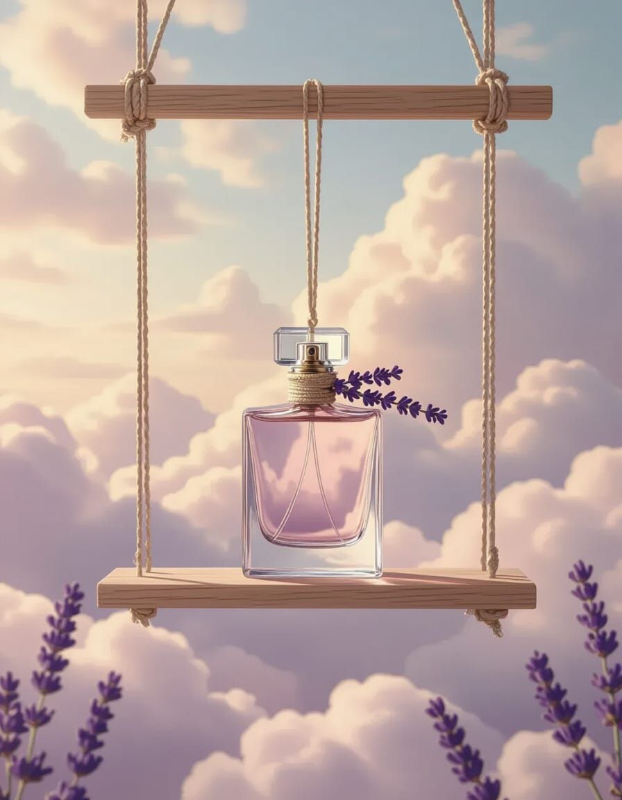 Perfume on Lavender Swing Above Dreamy Cloudscape