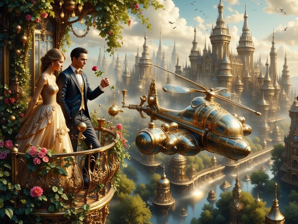 Steampunk Inventor Offers Rose to Elegant Woman on Balcony
