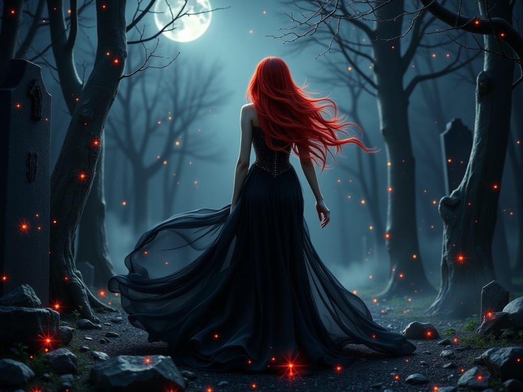 Vampire Woman in Black Gown Walks Through Spirit-Filled Grav...