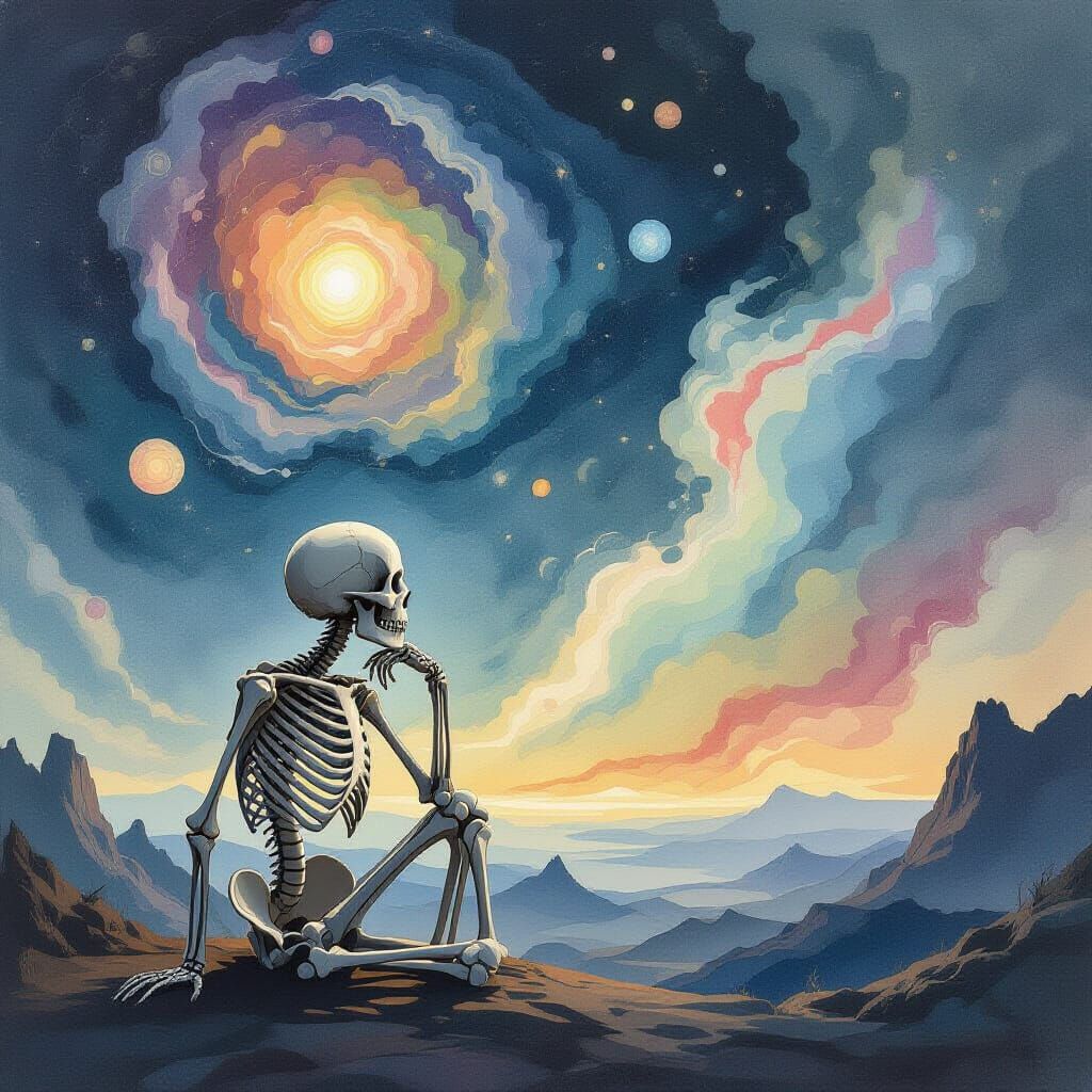 Skeleton Contemplating Cosmic Abstract Landscape