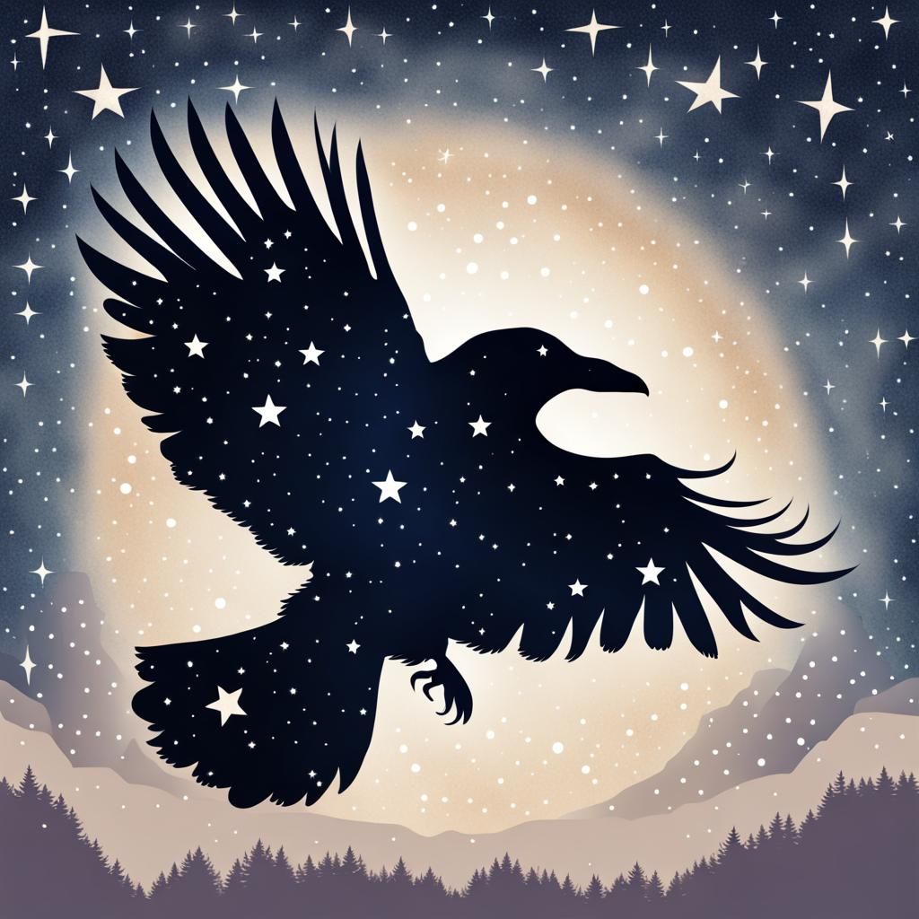 Raven Silhouette Soaring Through Starry Night Sky