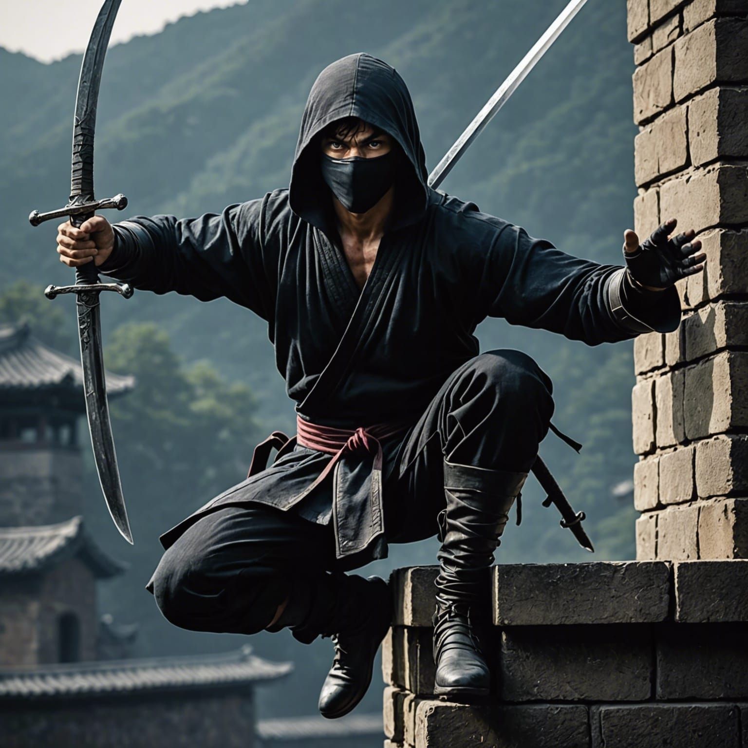 Mysterious Ninja Assassin Crouching in the Shadows