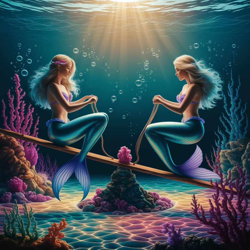 Mermaids Play on Underwater See-Saw: Matte Painting