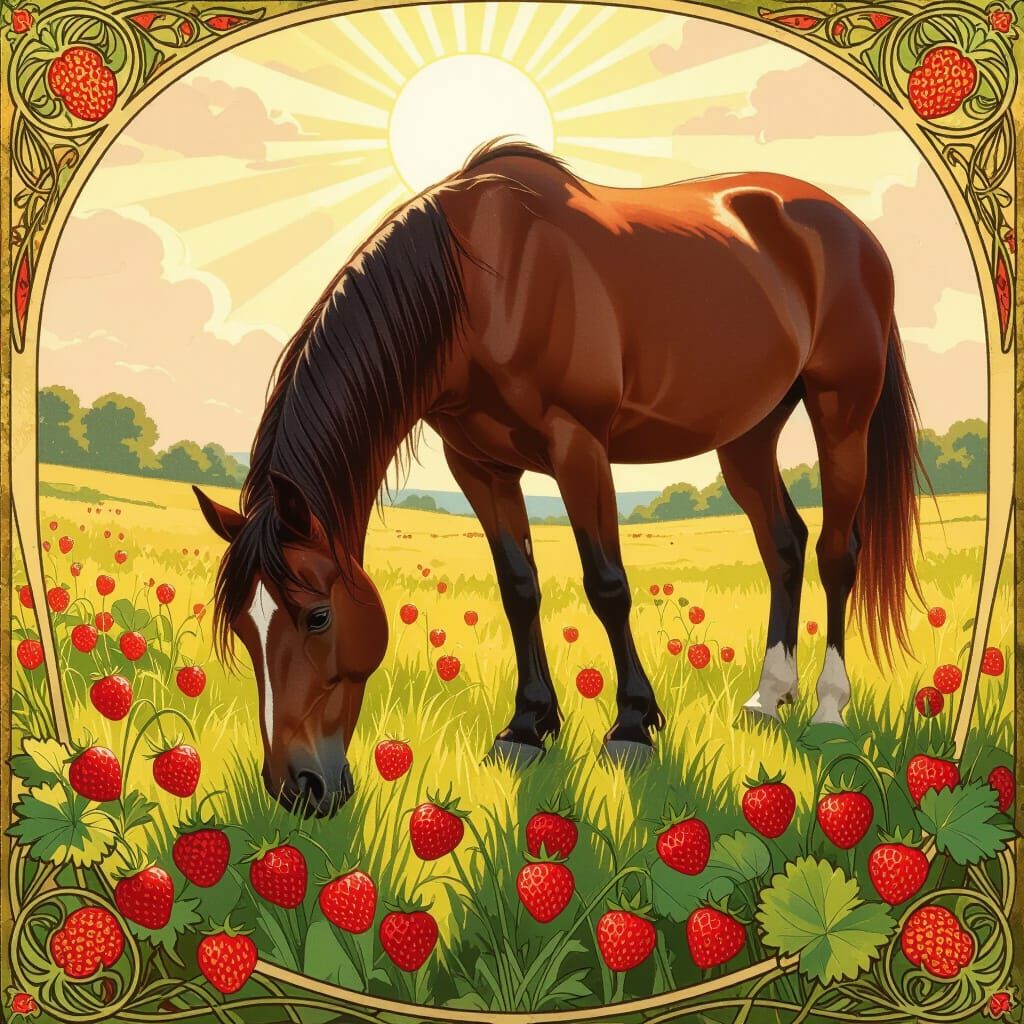 Majestic Horse in Strawberry Meadow, Art Nouveau Style