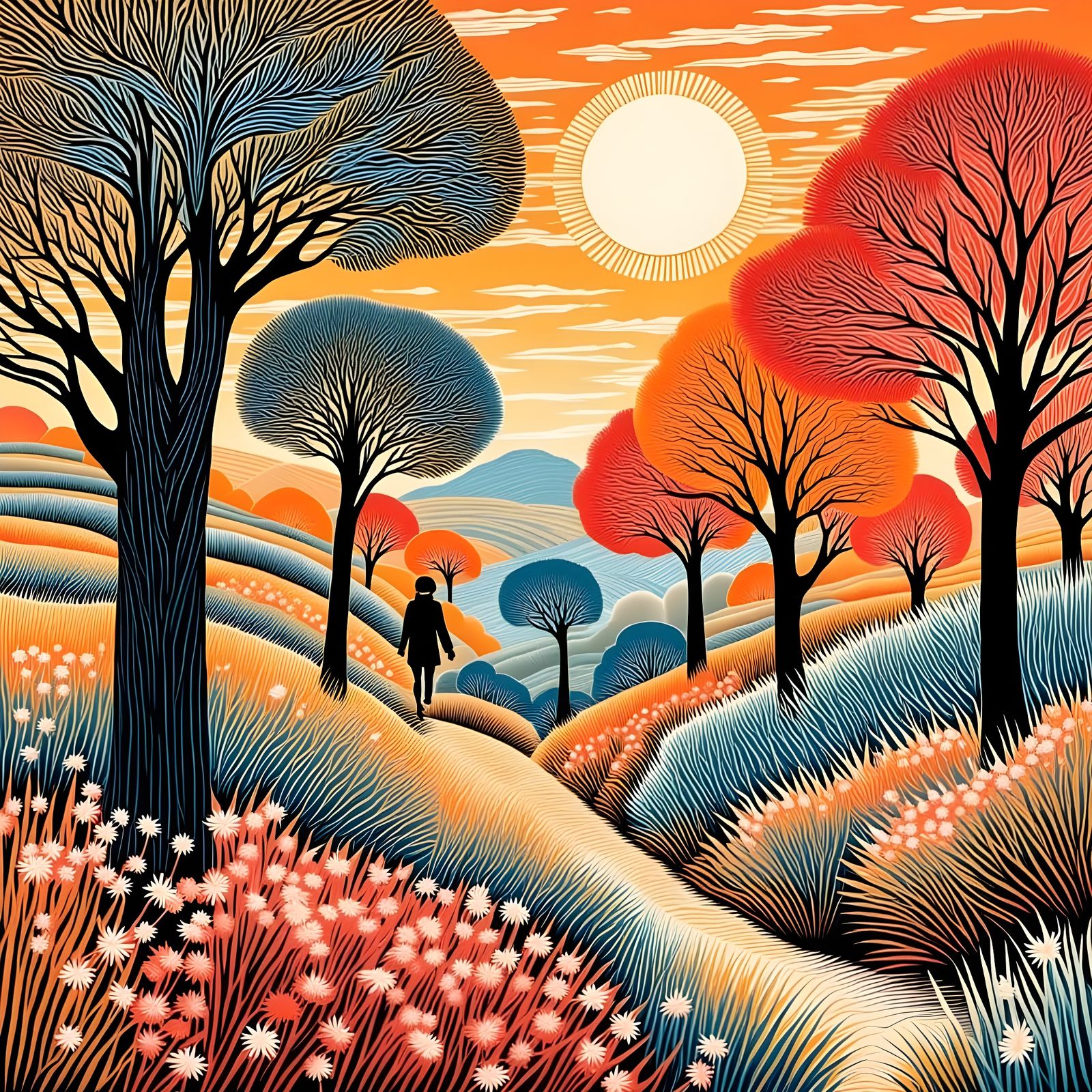 "Girl walking in colorful fall, as handcoloured linoprint, by Rie Cramer, Victo Ngai and Kay Nielsen, very expressive, m...