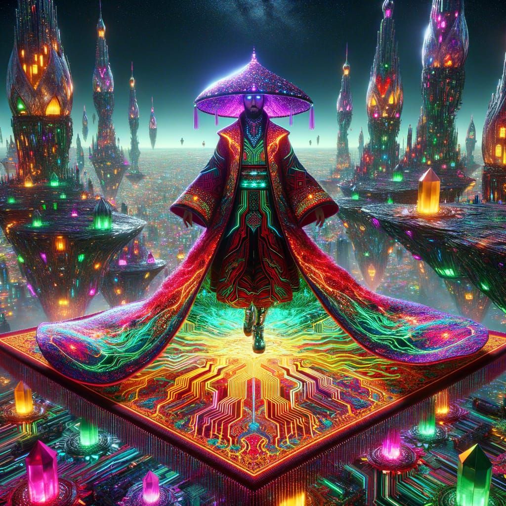 Cyberpunk Empress on Flying Carpet Amidst Crystal Cityscape