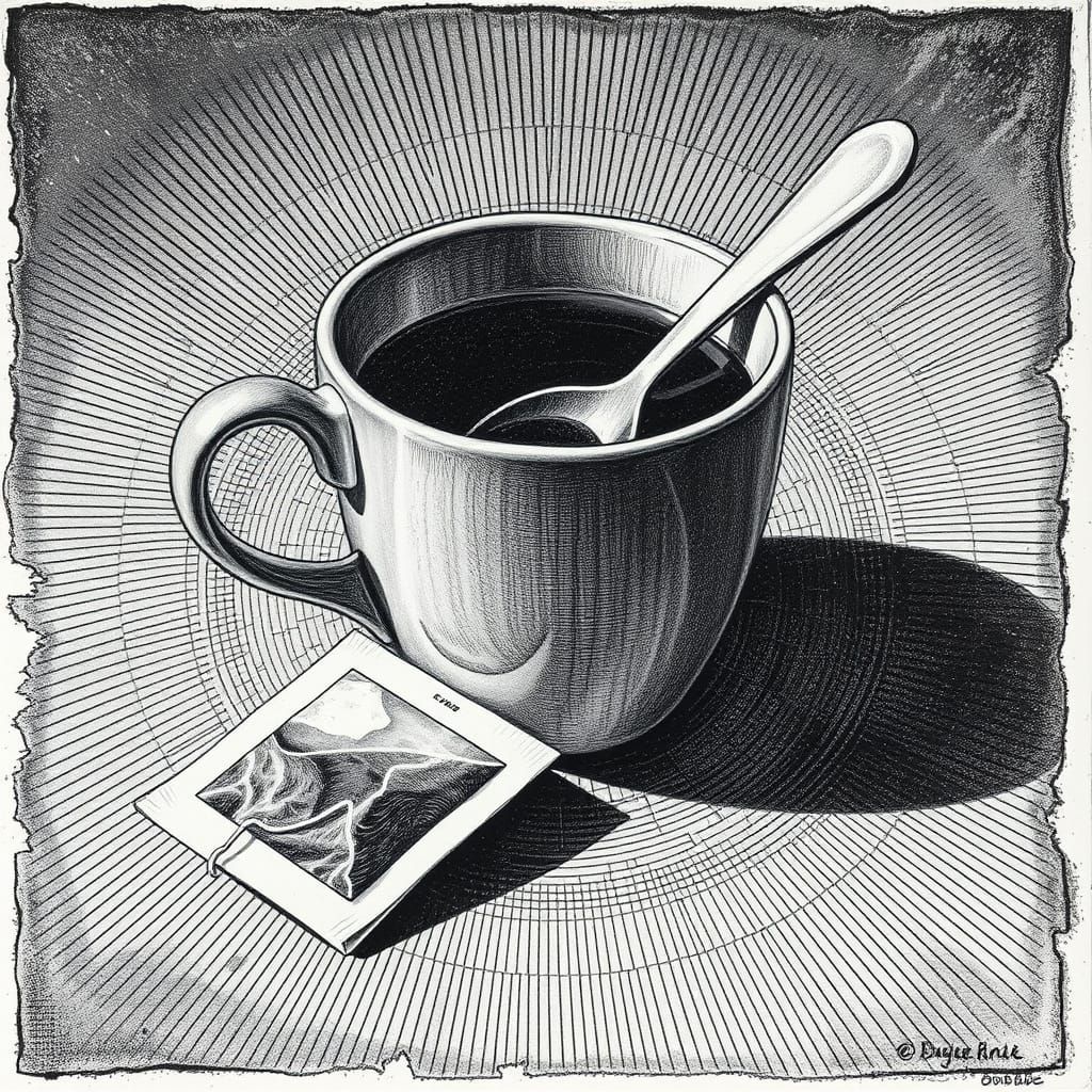 Surreal Tea Time Etching in Intricate Concentric Lines