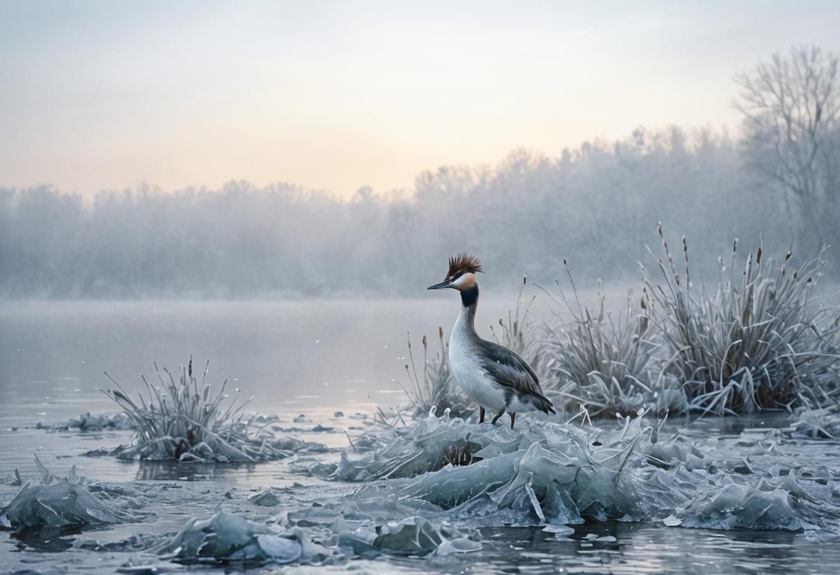 Great Crested Grebe in Icy Lake: Watercolor Painting