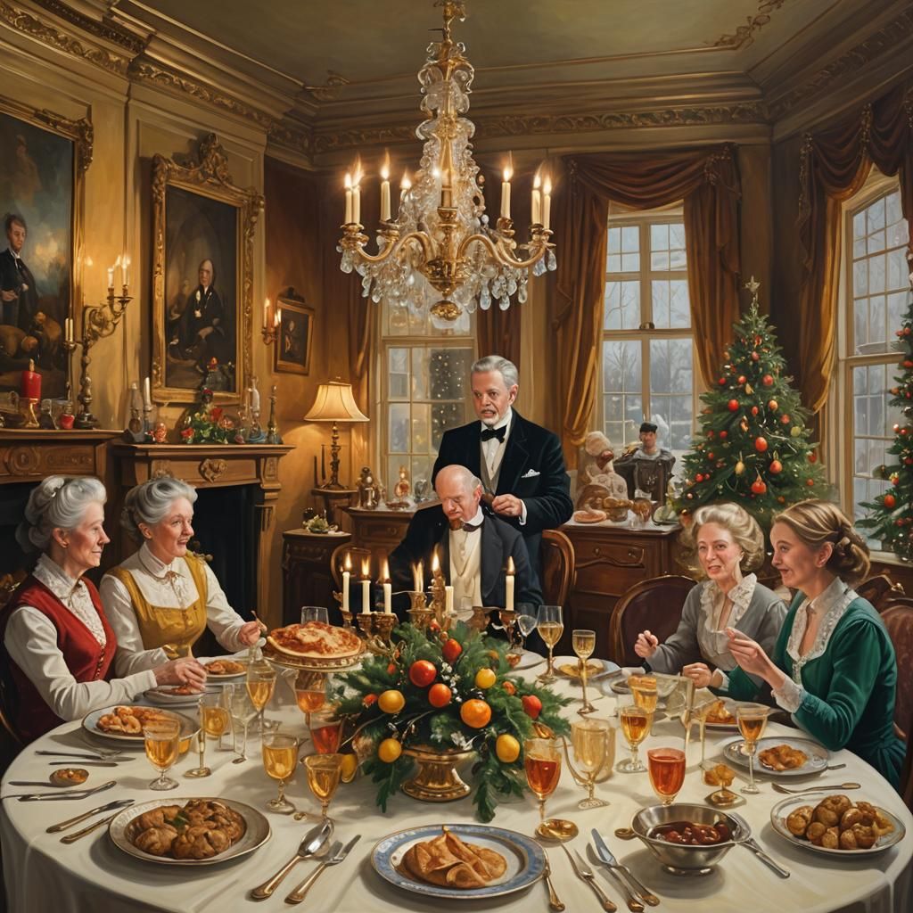 Victorian Christmas Feast as Oil Painting