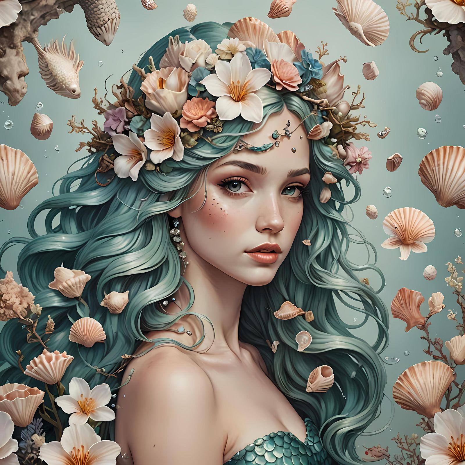 Realistic Mermaid with Shell and Flower Hair