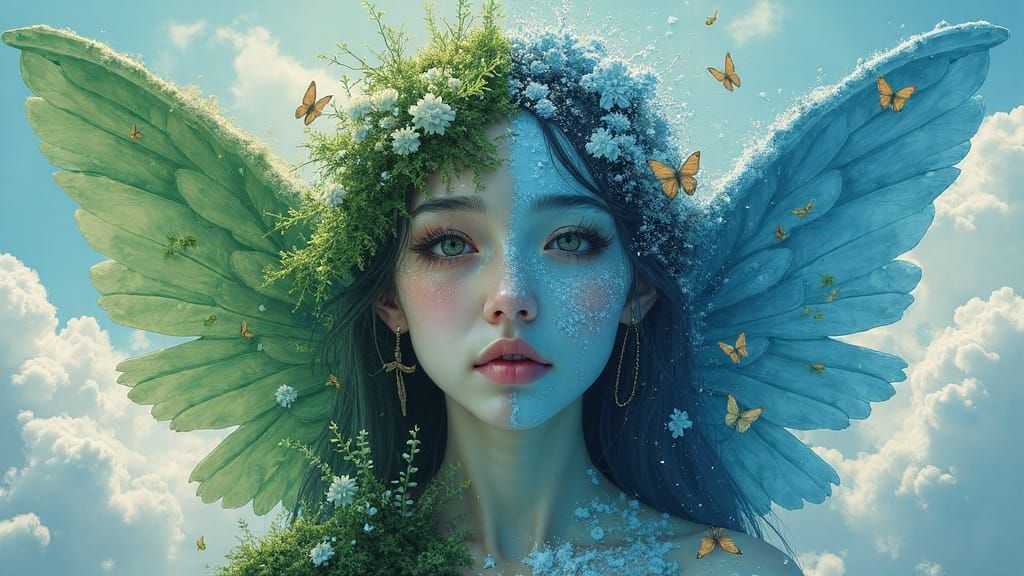 Surreal Angel Portrait in Manhwa Style with Glitch Effects