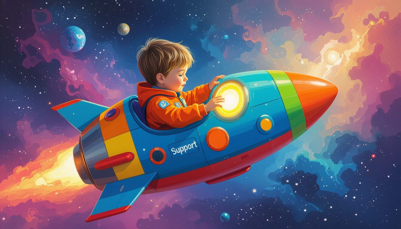 Crayon Spaceship: Boy Pilots Nebula in Matte Painting Style