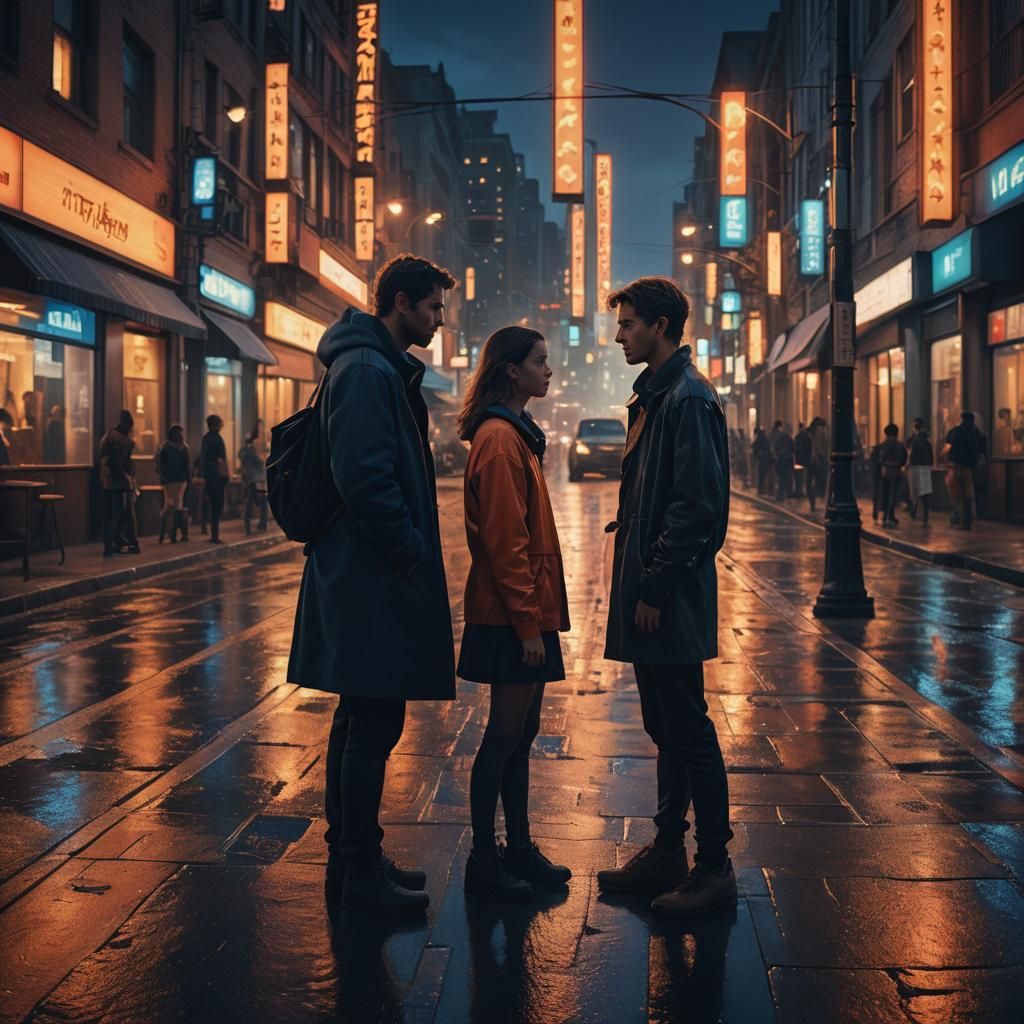 Intense Encounter on City Street Corner at Dusk