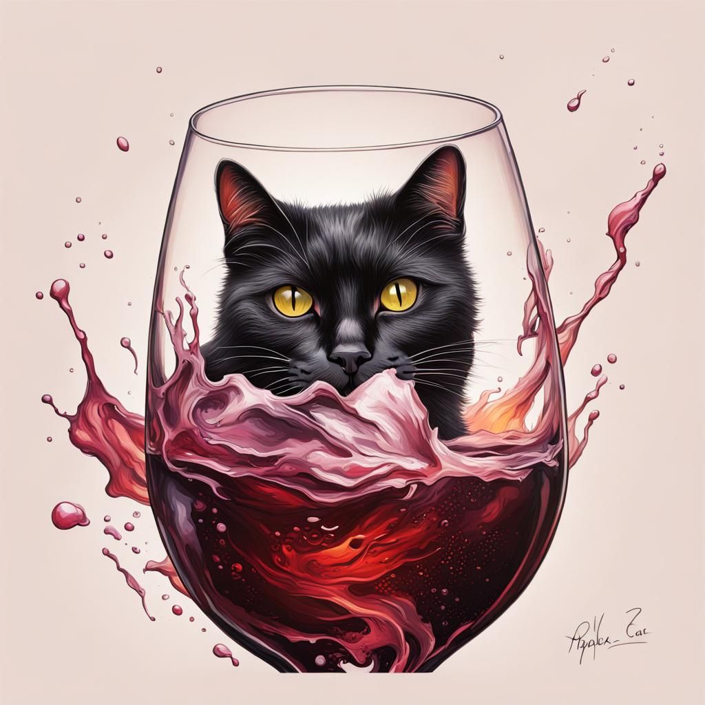 Hyperrealistic Black Cat Sipping Wine Splash Art