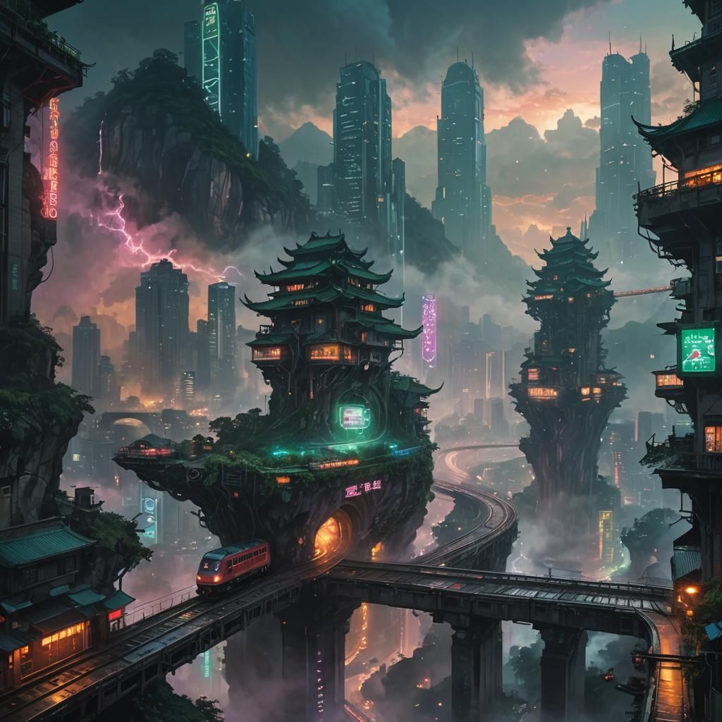train in mountain city of chongqing in a aetherpunk fantasy world; floating island iridescent green blue pink red orange...
