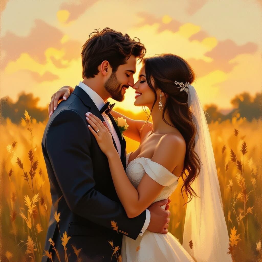 Romantic Embrace in Golden Hour Oil Painting