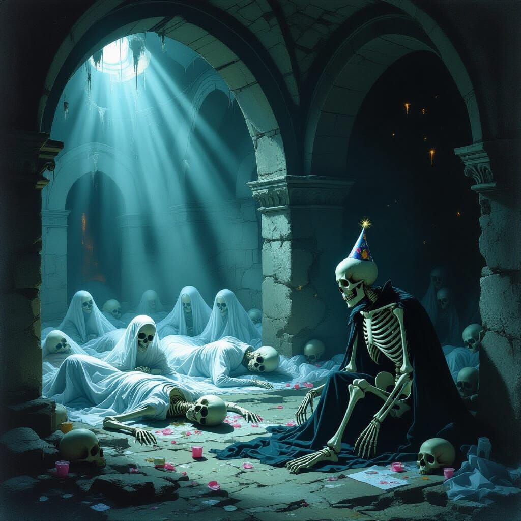 Gothic Crypt Party Aftermath with Ethereal Figures