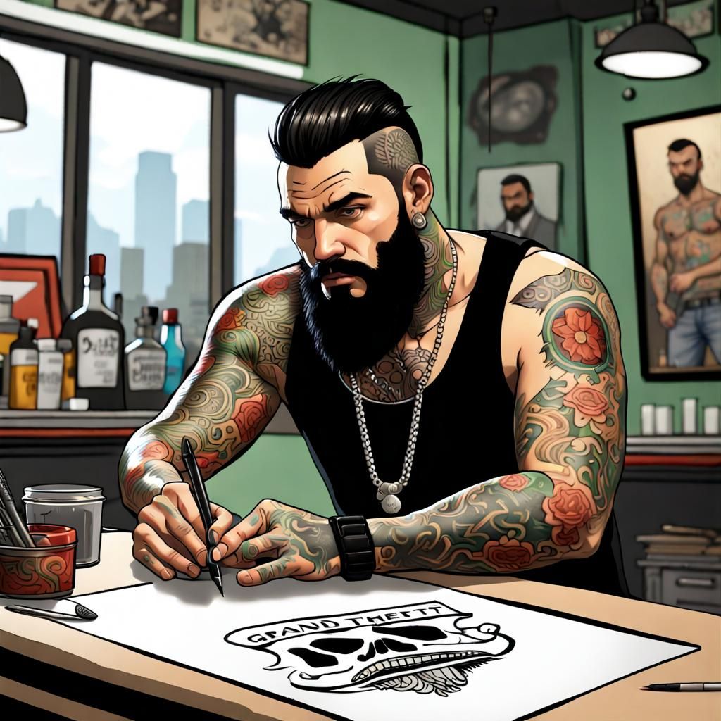 Tattoo Artist in GTA 5 Style at Work