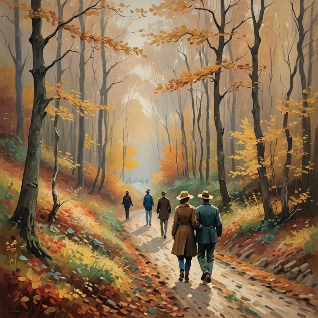 Romantic Autumn Landscape with Winding Path and Golden Leave...