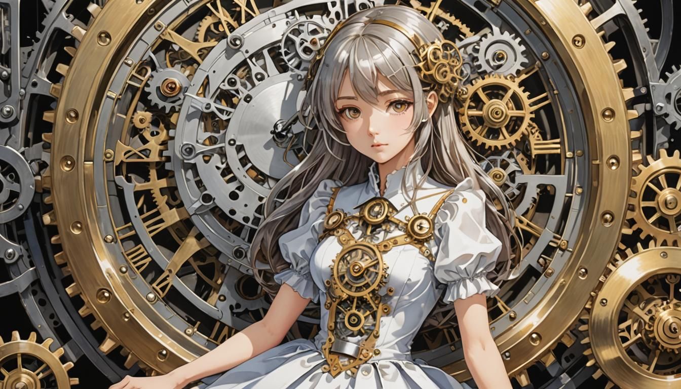 Clockwork Girl Anime Illustration in Cel-Shaded Style