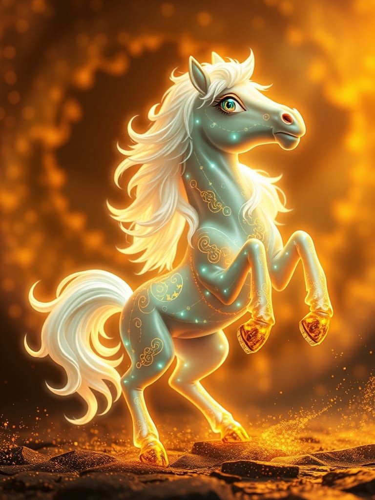 Chibi Stallion Radiates Golden Patterns in Alcohol Ink Style