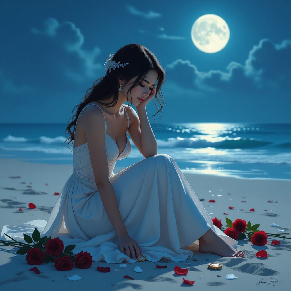 Melancholy Woman on Moonlit Beach, Digital Painting