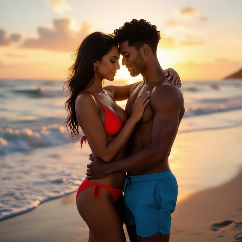 Couple Embracing on Beach at Sunset