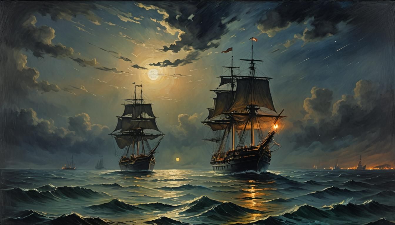 Ship Adrift on Still Sea in Impressionist Style