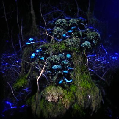 Glowing Mushrooms and Moss in Dark Forest