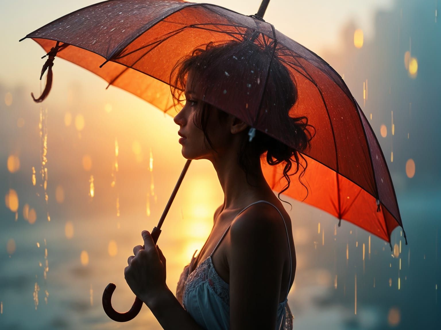 Rainy Day Sunset Silhouette in Watercolor Art