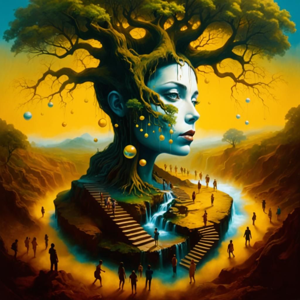 Surreal Woman with Tree, Dreamlike Oil Painting