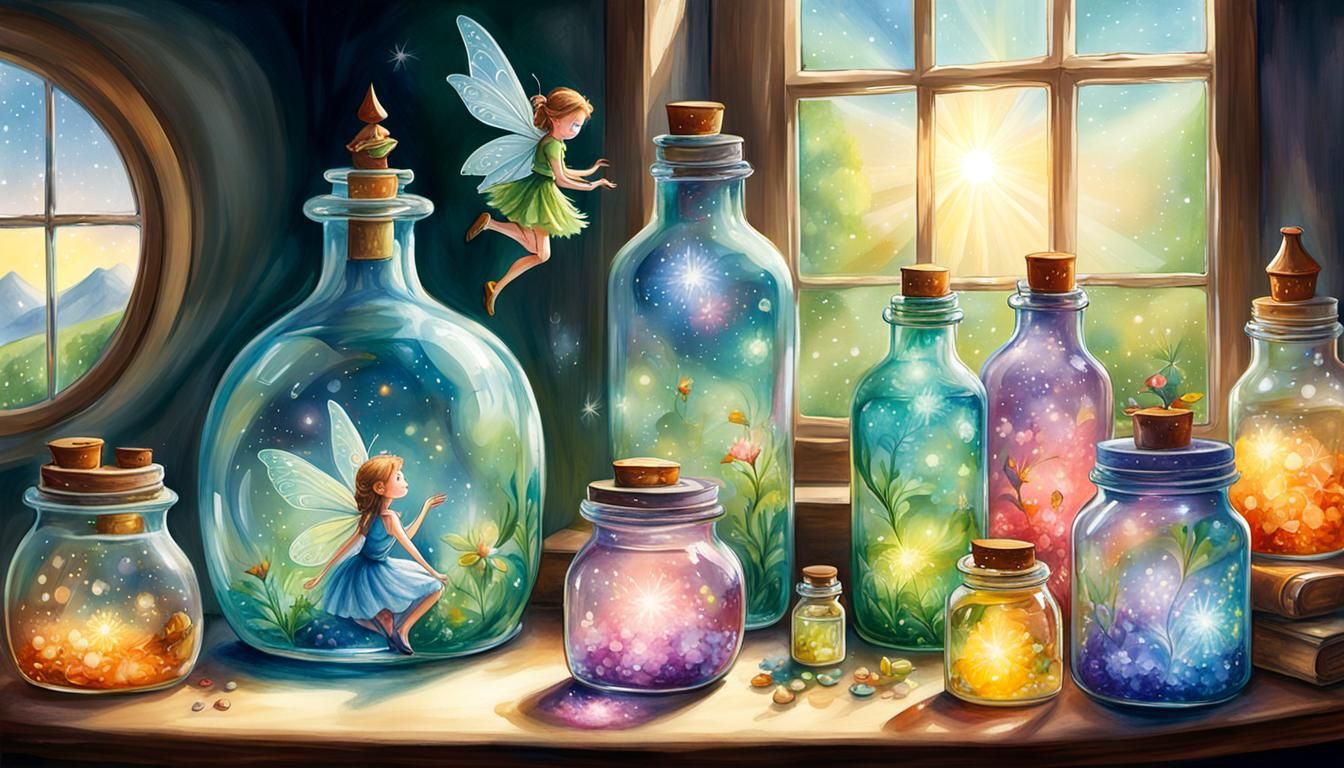 Fairy on Glass Bottle: Whimsical Fantasy Art