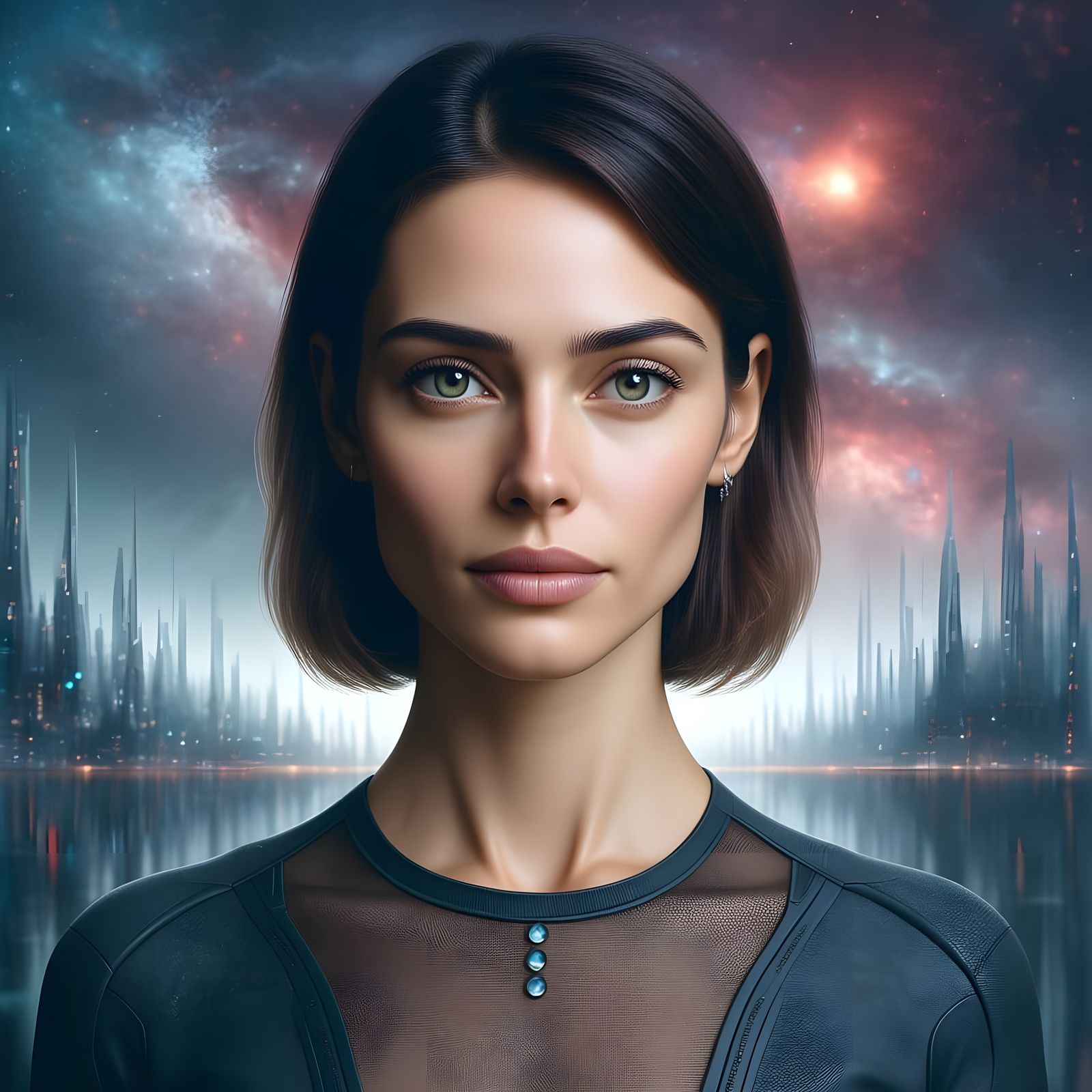 Photorealistic Woman Portrait in Futuristic Sci-Fi Setting