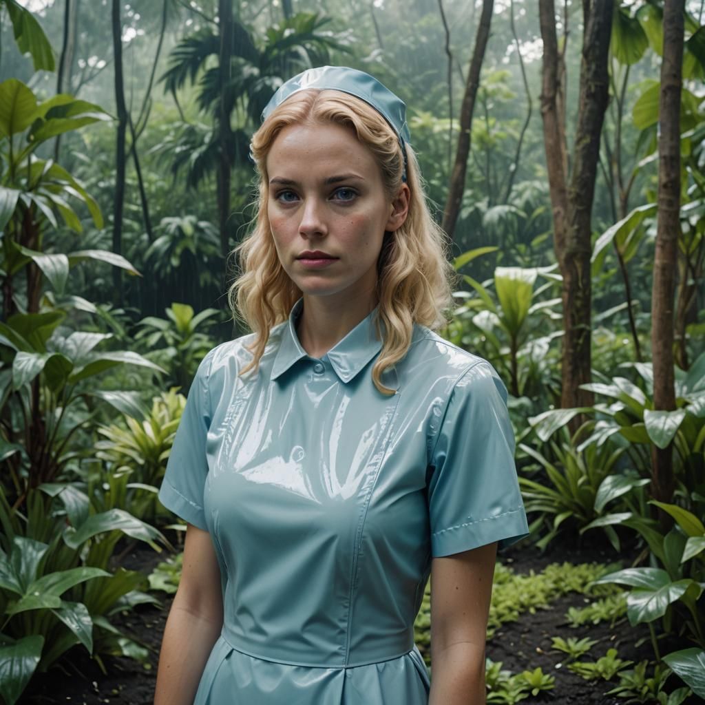 Woman in Latex Nurse Dress in Tropical Garden