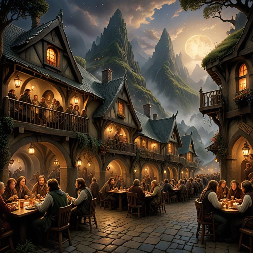 Whimsical Hobbit Night Cafe in a Dreamlike Ethereal Fantasy...